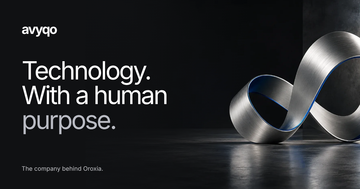 The avyqo.app hero: a brushed-metal sculpture beside the words Technology. With a human purpose.