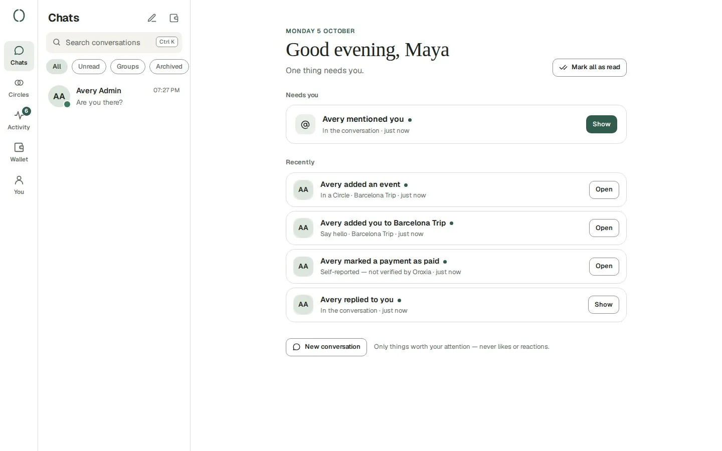 Oroxia's Activity view on a computer, with a mention and recent updates.