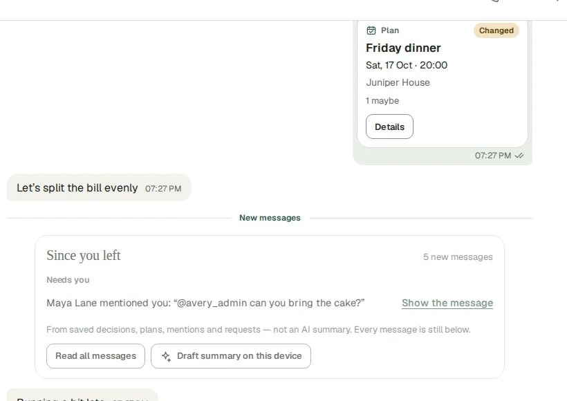 A plan card for Friday dinner marked as changed, above a Since you left summary of new messages.