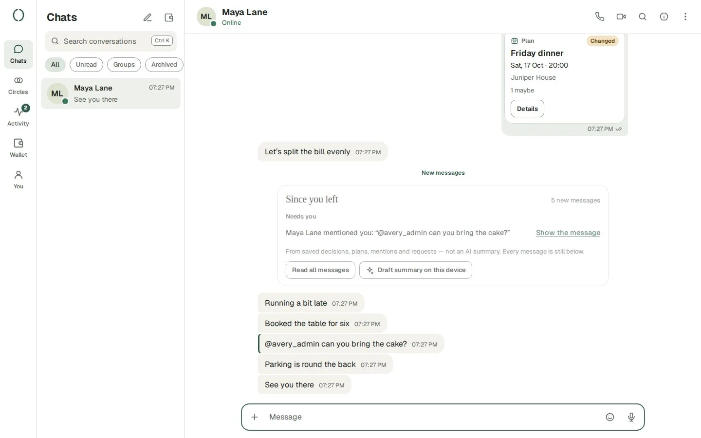 An Oroxia conversation with a Friday dinner plan and a Since you left catch-up panel.